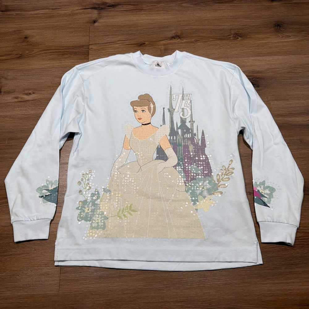 Disney Cinderella Sweatshirt Womens SMALL 75th Anniversary Blue Sequin Jersey